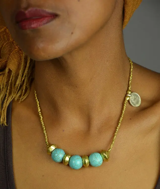 collier éthiopien Abyssinia Negus Sarcelle entièrement fait à la main en laiton recyclé plaqué argent