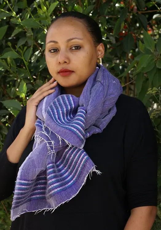 Echarpe équitable Violet bleu en coton éthiopien et rayonne